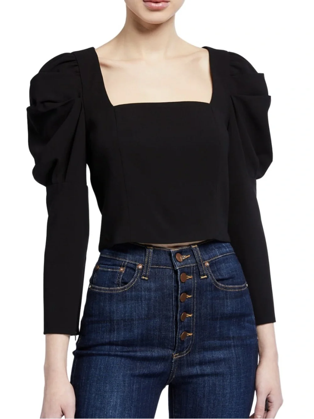 Alice + Olivia Rach Puff Sleeve Black Structured Neckline Top size 4